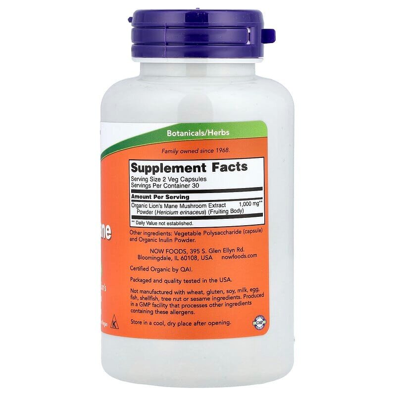 Натуральная добавка NOW Lion's Mane 500 mg, 60 вегакапсул. Фото 2