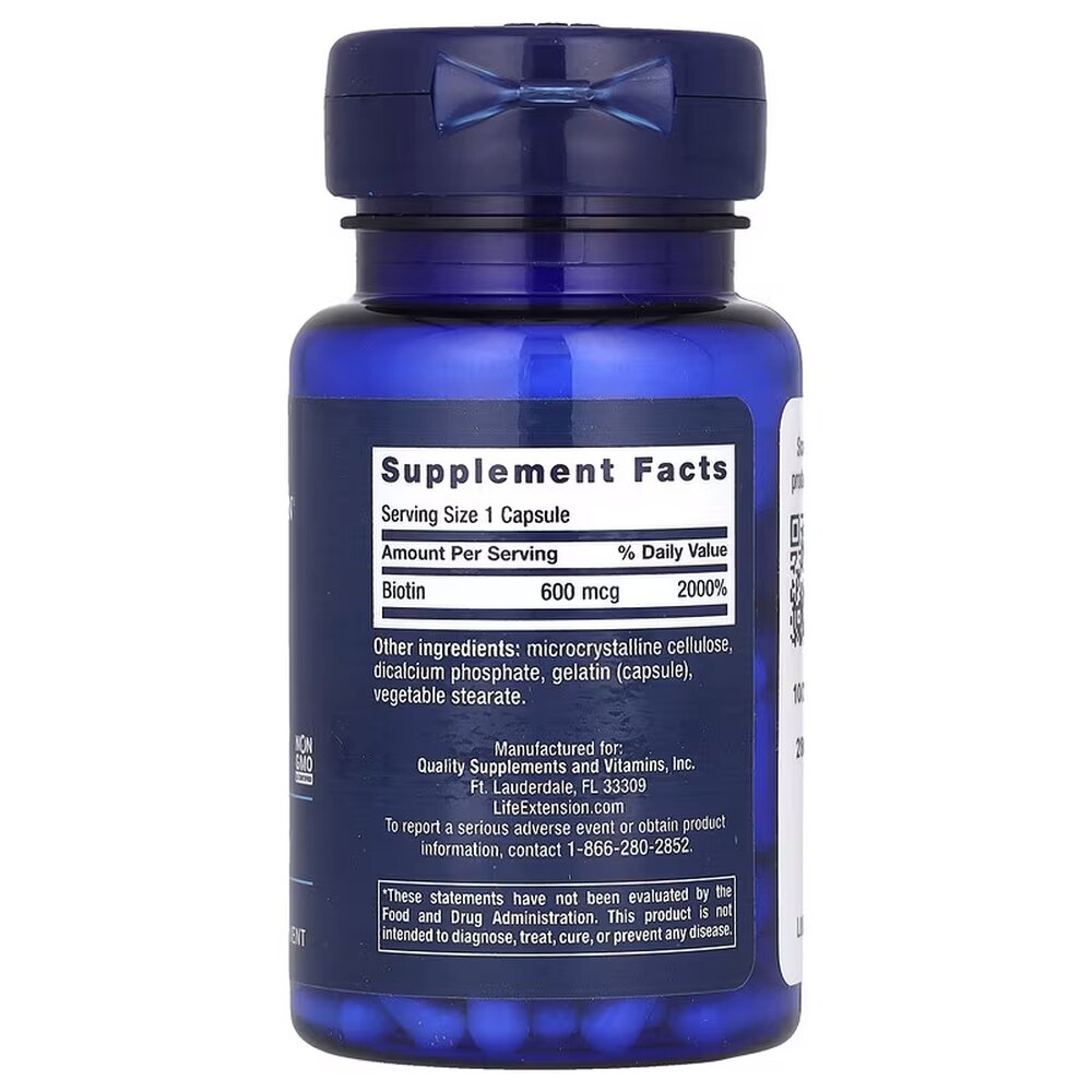 Биотин Life Extension Biotin 600 mg, 100 капсул. Фото 2