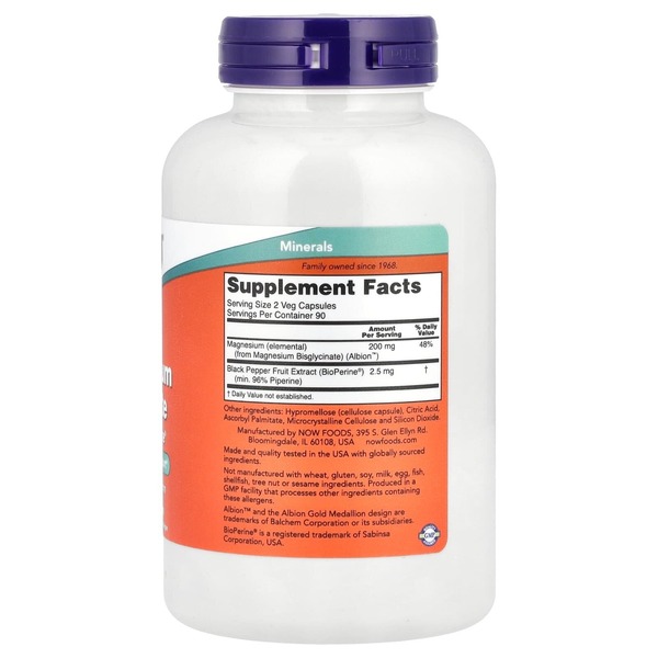 Бисглицинат магния NOW Magnesium Glycinate with BioPerine, 180 вегакапсул. Фото 2