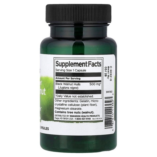 Оболочки черного ореха Swanson Black Walnut Hulls 500 mg Full Spectrum, 60 капсул. Фото 2