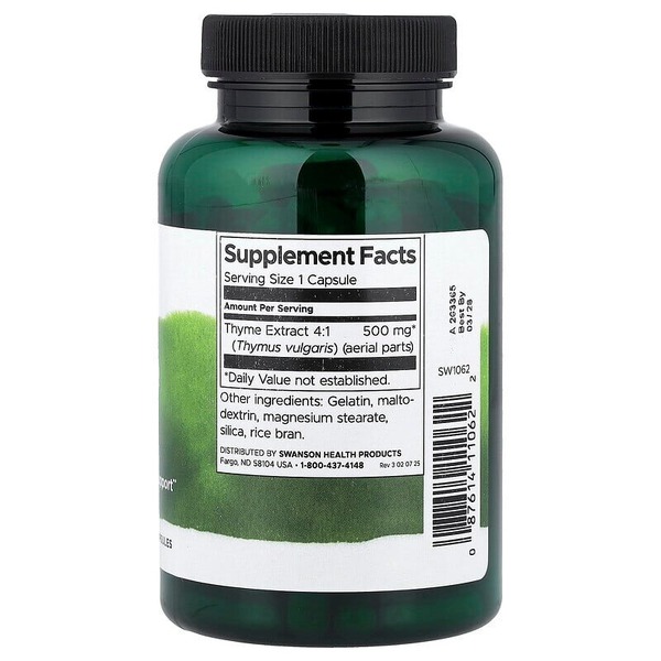 Екстракт листя тим’яну Swanson Thyme Leaf 500 mg, 120 капсул. Фото 2