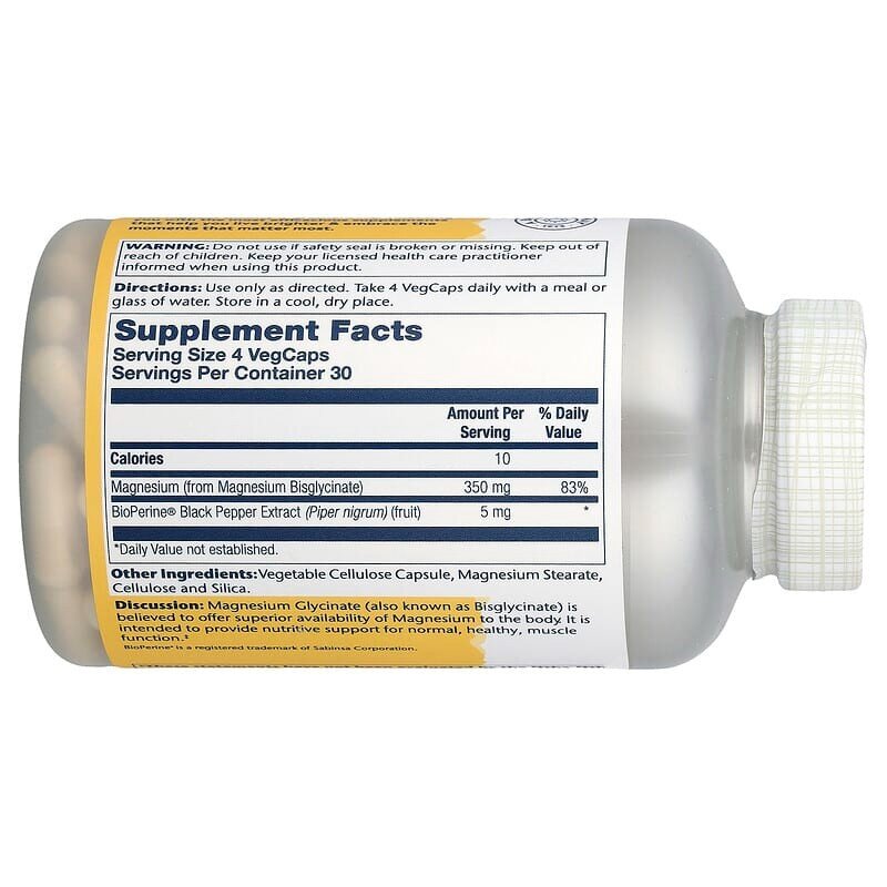 Бісгліцинат магнію Solaray Magnesium Glycinate 350 mg High Absorption, 120 вегакапсул. Фото 2