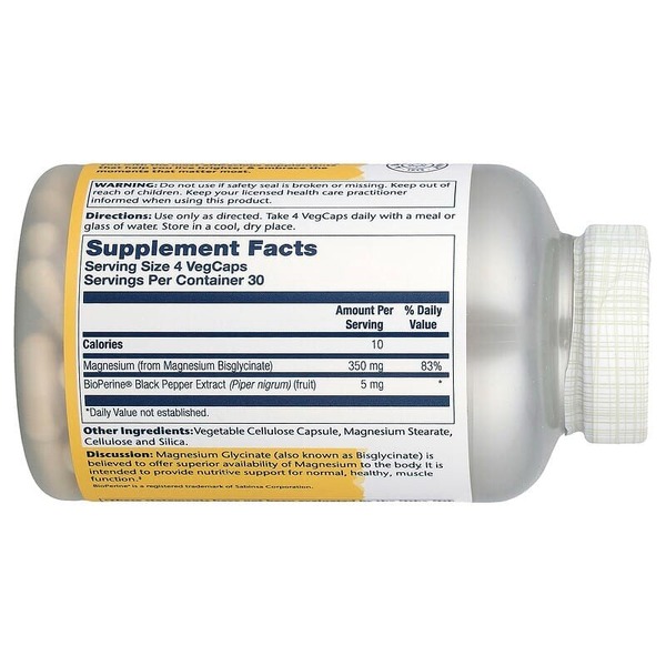 Бісгліцинат магнію Solaray Magnesium Glycinate 350 mg High Absorption, 120 вегакапсул. Фото 2