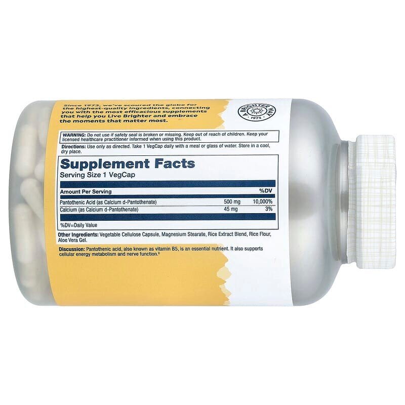 Пантотеновая кислота Solaray Pantothenic Acid 500 mg, 250 вегакапсул с алоэ вера. Фото 2