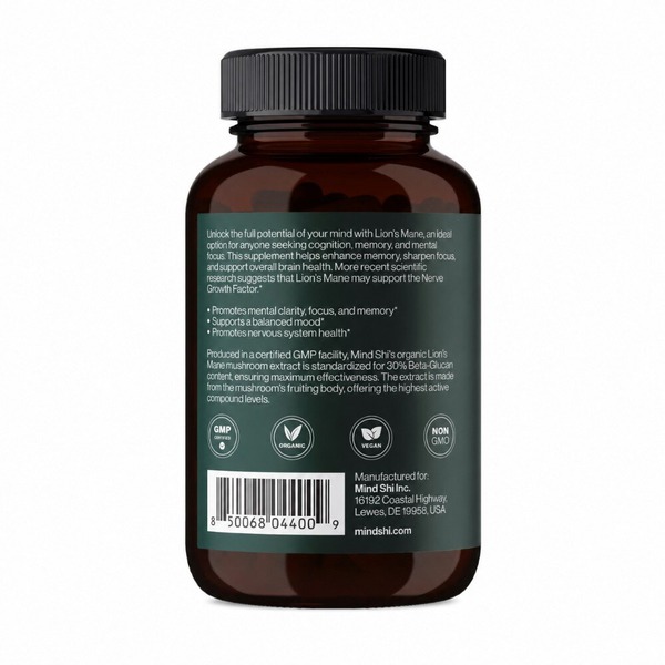 Гриб левова грива Mind Shi Lion's Mane Mushroom 1000 mg, 60 вегакапсул. Фото 3