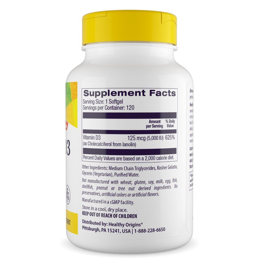 Вітамін D3 з MCT олією Healthy Origins Vitamin D3 5000 IU with MCT Oil, 120 капсул. Фото 2