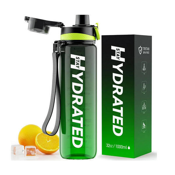 Hydrated Water Bottle - 1000ml Tritan Green Black
