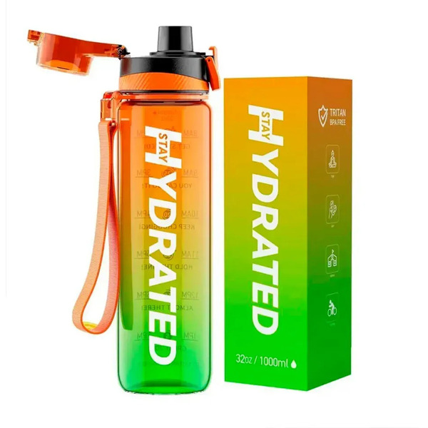 Hydrated Water Bottle - 1000ml Tritan Green Orange