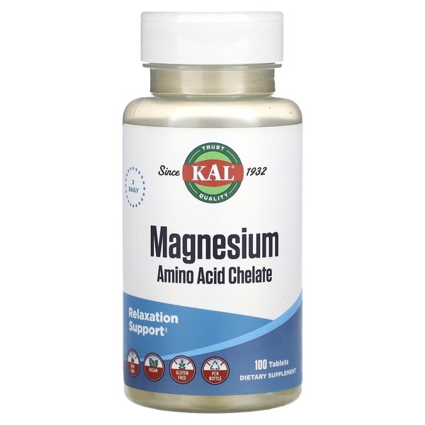 Магній хелат KAL Magnesium Chelate, 100 таблеток для підтримки серця та нервової системи