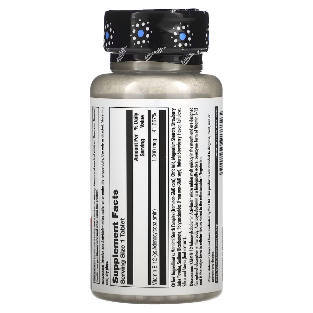 Вітамін B-12  аденозилкобаламін KAL Vitamin B-12 Adenosylcobalamin 1000 mcg, 90 мікро таблеток - Полуниця для підтримки нервової системи. Фото 2
