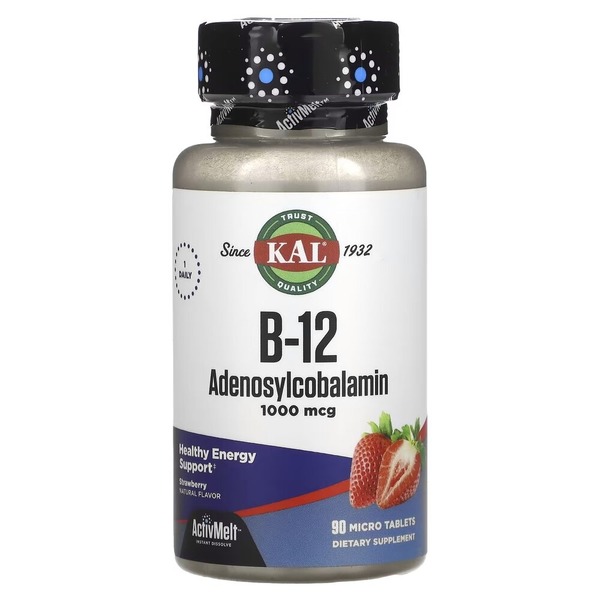Вітамін B-12  аденозилкобаламін KAL Vitamin B-12 Adenosylcobalamin 1000 mcg, 90 мікро таблеток - Полуниця для підтримки нервової системи