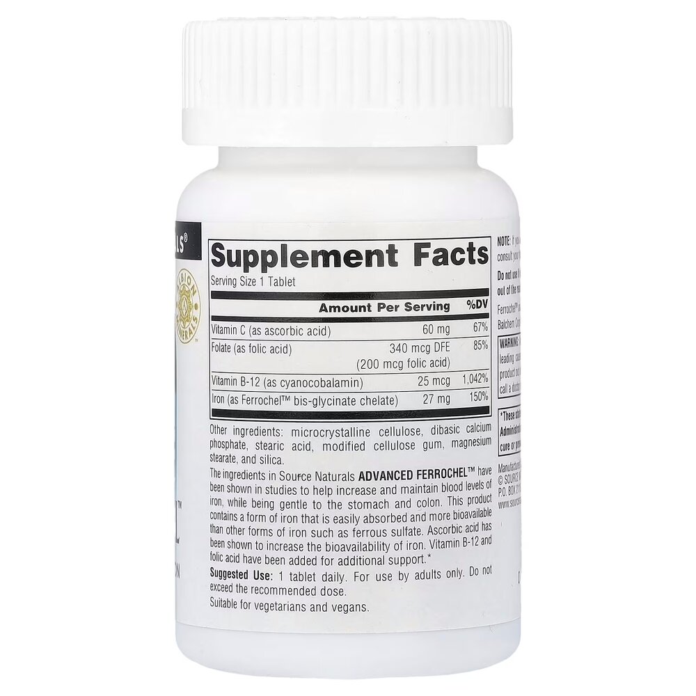 Хелатне залізо Source Naturals Advanced Ferrochel, 90 таблеток з вітамінами В та С. Фото 2