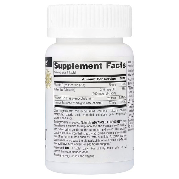Хелатне залізо Source Naturals Advanced Ferrochel, 90 таблеток з вітамінами В та С. Фото 2