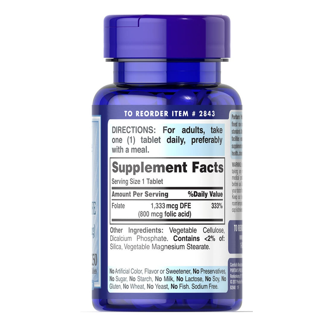 Вітаміни та мінерали Puritan's Pride Folic Acid 800 mcg, 250 таблеток. Фото 2