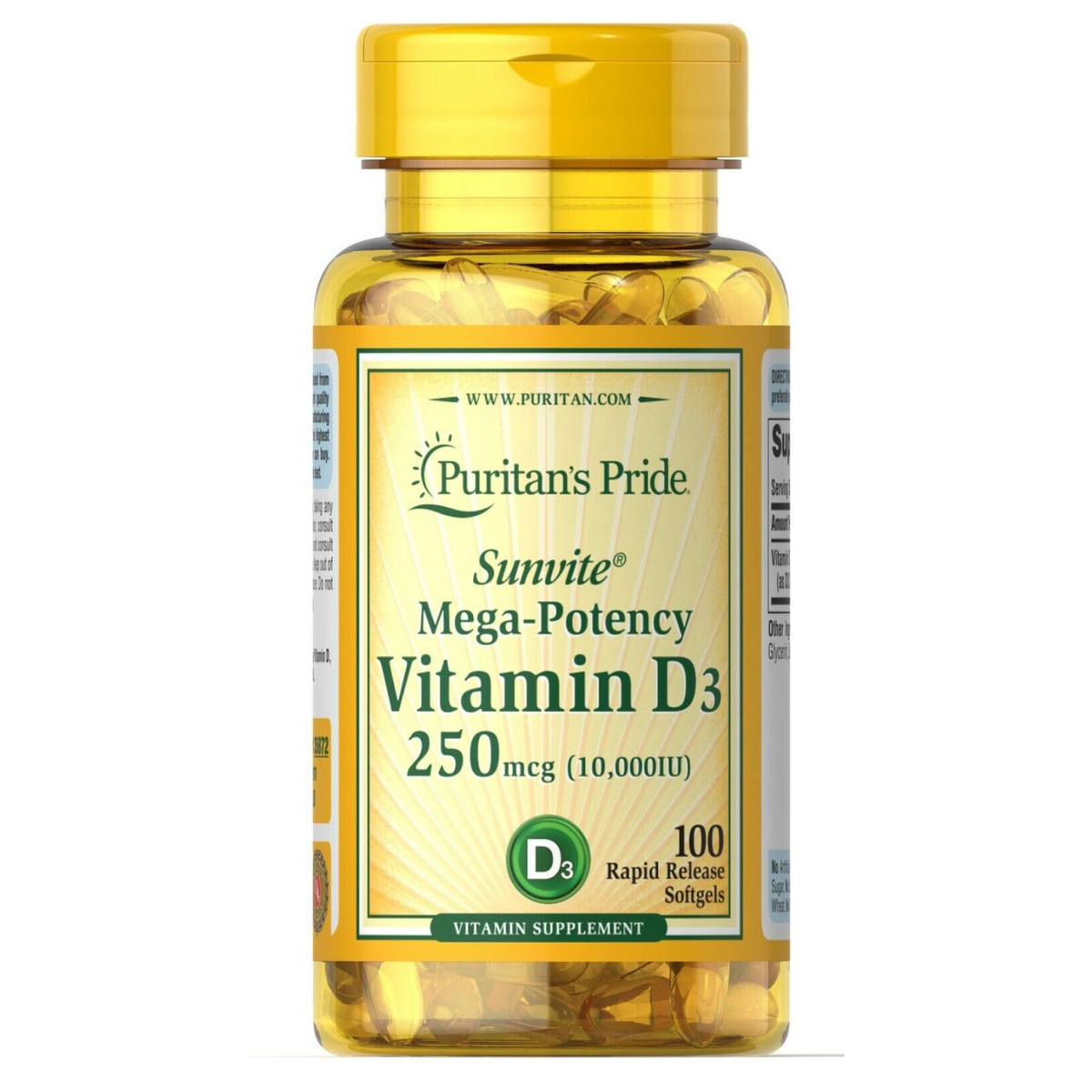 Vitamin D3 250mcg(10000 IU) Mega-Potency - 100 softgels. Фото 3