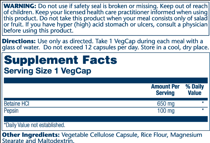 High Potency Betain HCl with Pepsin 650mg - 100 vcaps. Фото 2
