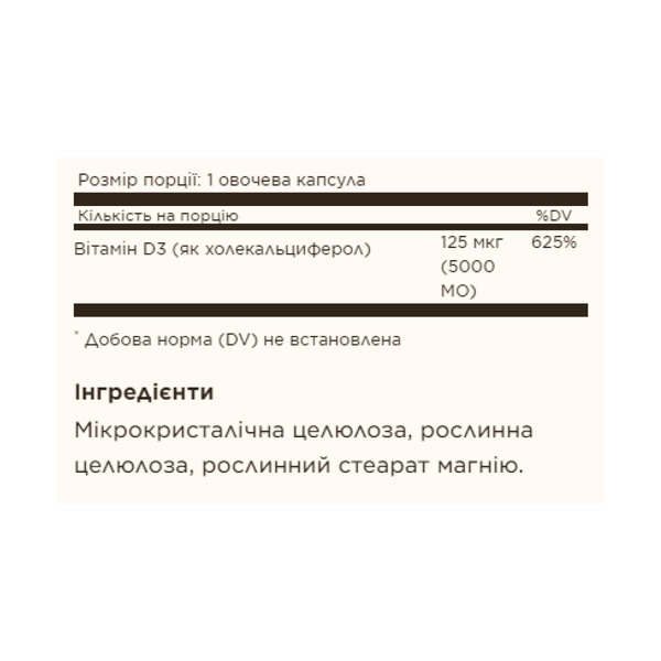 Vitamin D3 (Cholecalciferol) 125 mcg (5,000 IU) - 60 vcaps. Фото 4