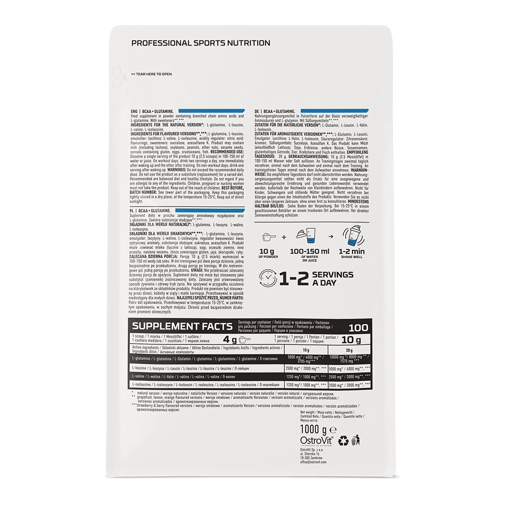 Амінокислота BCAA OstroVit BCAA + Glutamine, 1 кг. Фото 2