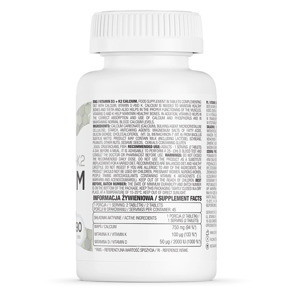Вітаміни та мінерали OstroVit Vitamin D3+K2 Calcium, 90 таблеток. Фото 2