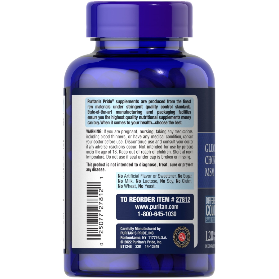 Препарат для суглобів і зв'язок Puritan's Pride Chondroitin Glucosamine MSM 3 Per Day Formula, 120 каплет. Фото 3