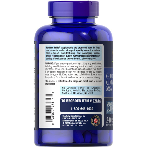 Препарат для суглобів і зв'язок Puritan's Pride Chondroitin Glucosamine MSM 3 Per Day Formula, 240 каплет. Фото 3