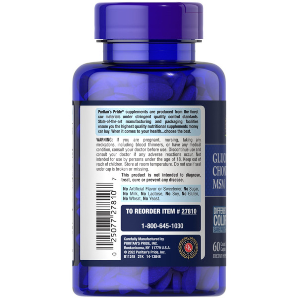 Препарат для суглобів і зв'язок Puritan's Pride Chondroitin Glucosamine MSM 3 Per Day Formula, 60 каплет. Фото 3