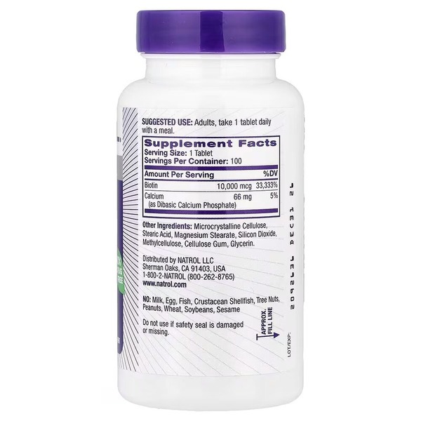 Вітаміни та мінерали Natrol Biotin 10000 mcg, 100 таблеток. Фото 2