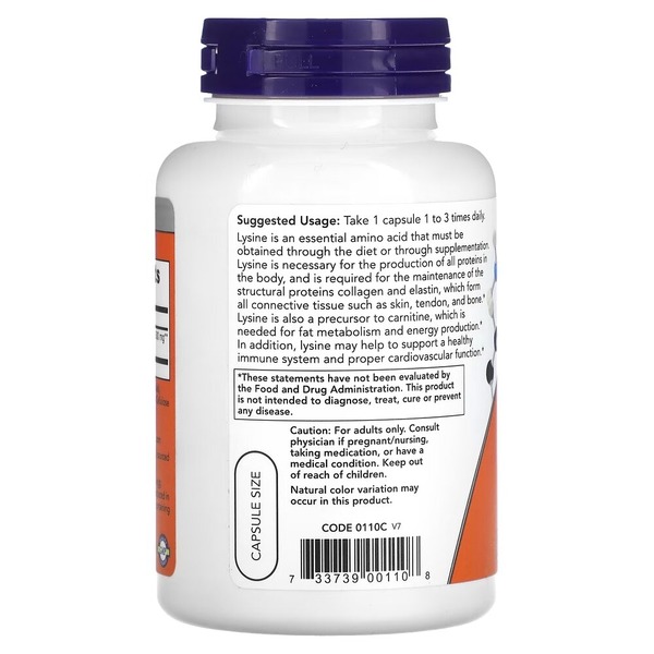 Амінокислота NOW L-Lysine 500 mg, 100 капсул. Фото 3
