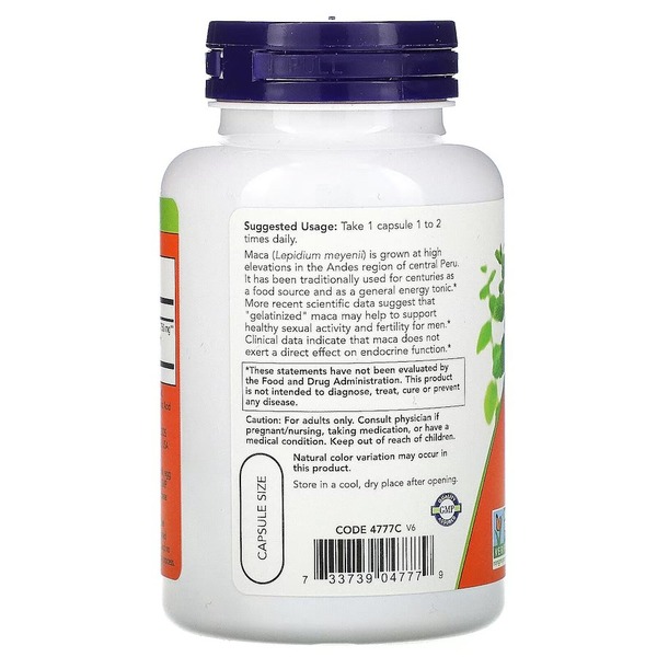 Натуральна добавка NOW Maca Raw 750 mg, 90 вегакапсул. Фото 3
