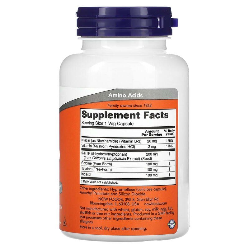 Амінокислота NOW 8-HTP 200 mg, 120 вегакапсул. Фото 2