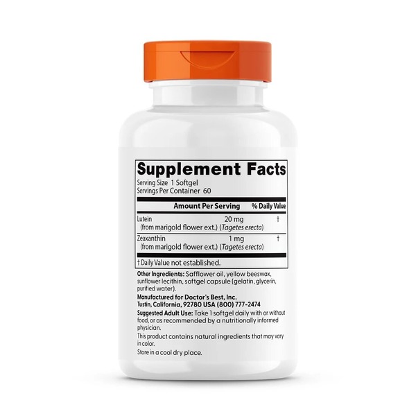 Натуральная добавка Doctor's Best Lutein with FloraGlo, 60 вегакапсул. Фото 2