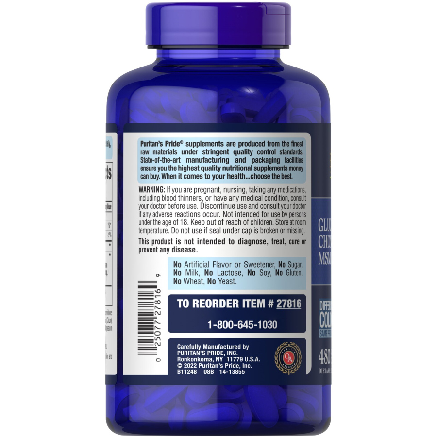 Препарат для суглобів і зв'язок Puritan's Pride Chondroitin Glucosamine MSM 3 Per Day Formula, 480 каплет. Фото 3