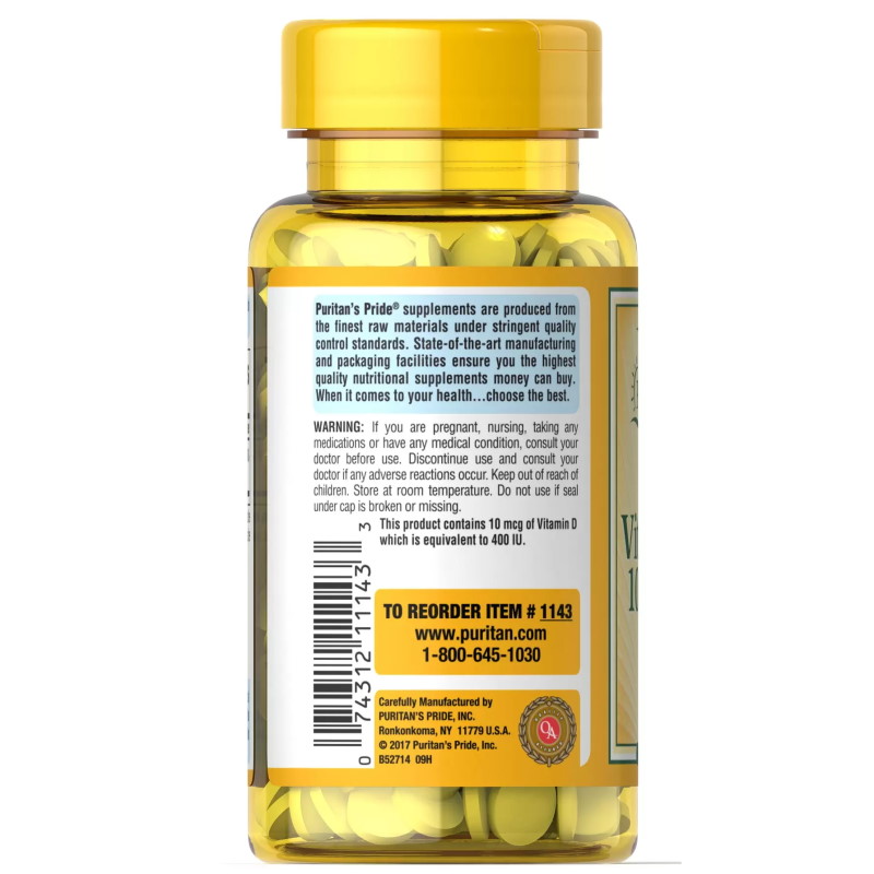 Вітаміни та мінерали Puritan's Pride Vitamin D3 400 IU, 250 таблеток. Фото 3