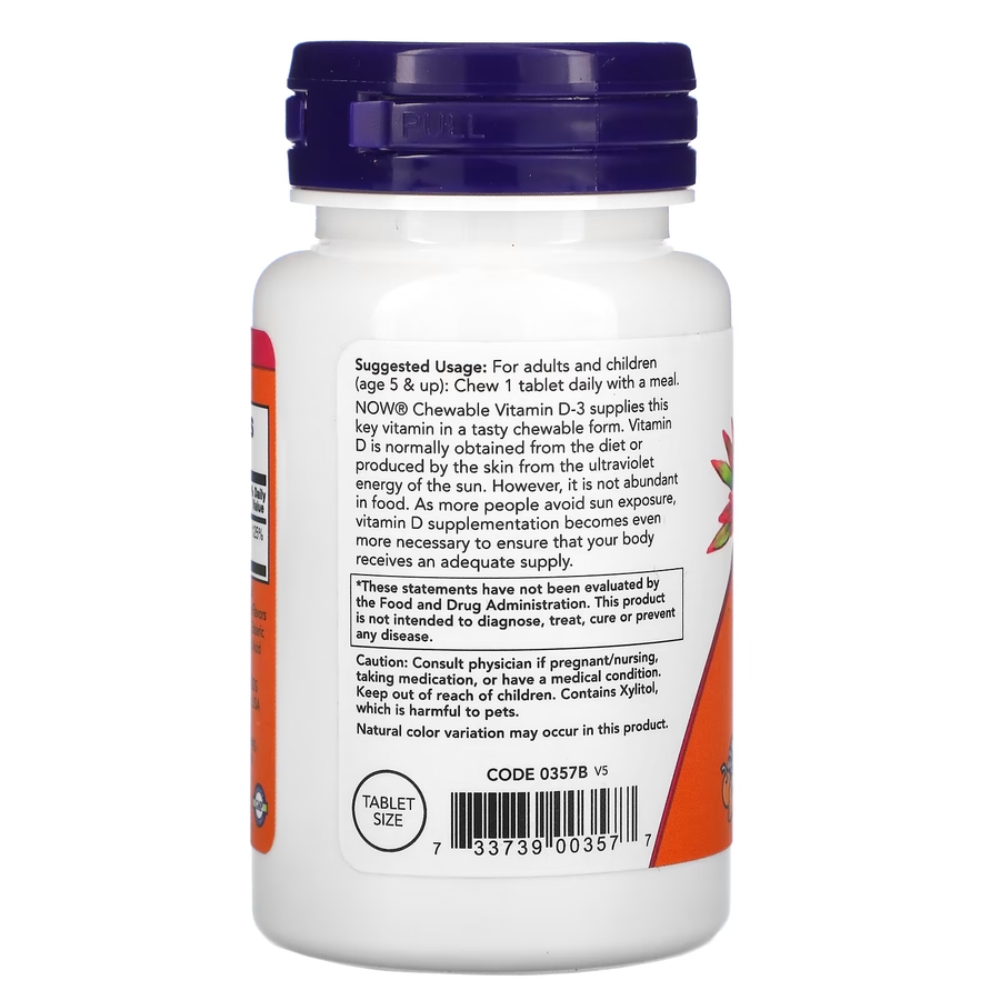 Вітаміни та мінерали NOW Vitamin D3 1000 IU, 180 жувальні таблетки. Фото 3