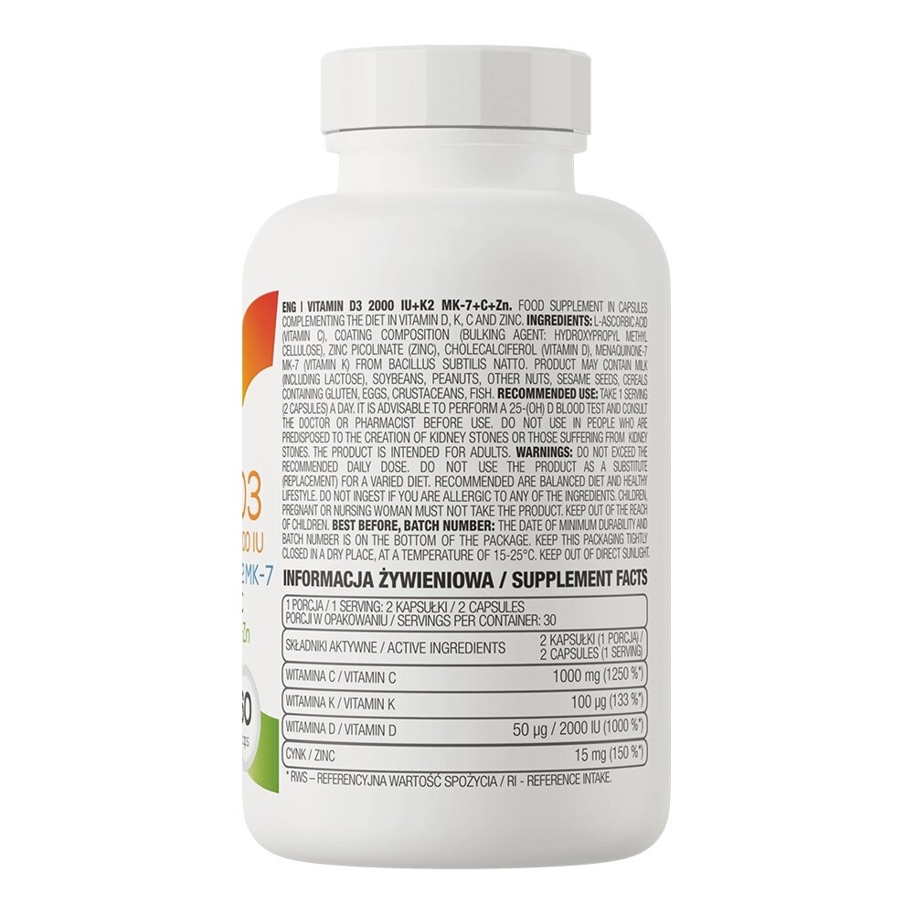 Витамины и минералы OstroVit Vitamin D3 2000 IU + K2 MK-7 + C + Zinc, 60 капсул. Фото 2