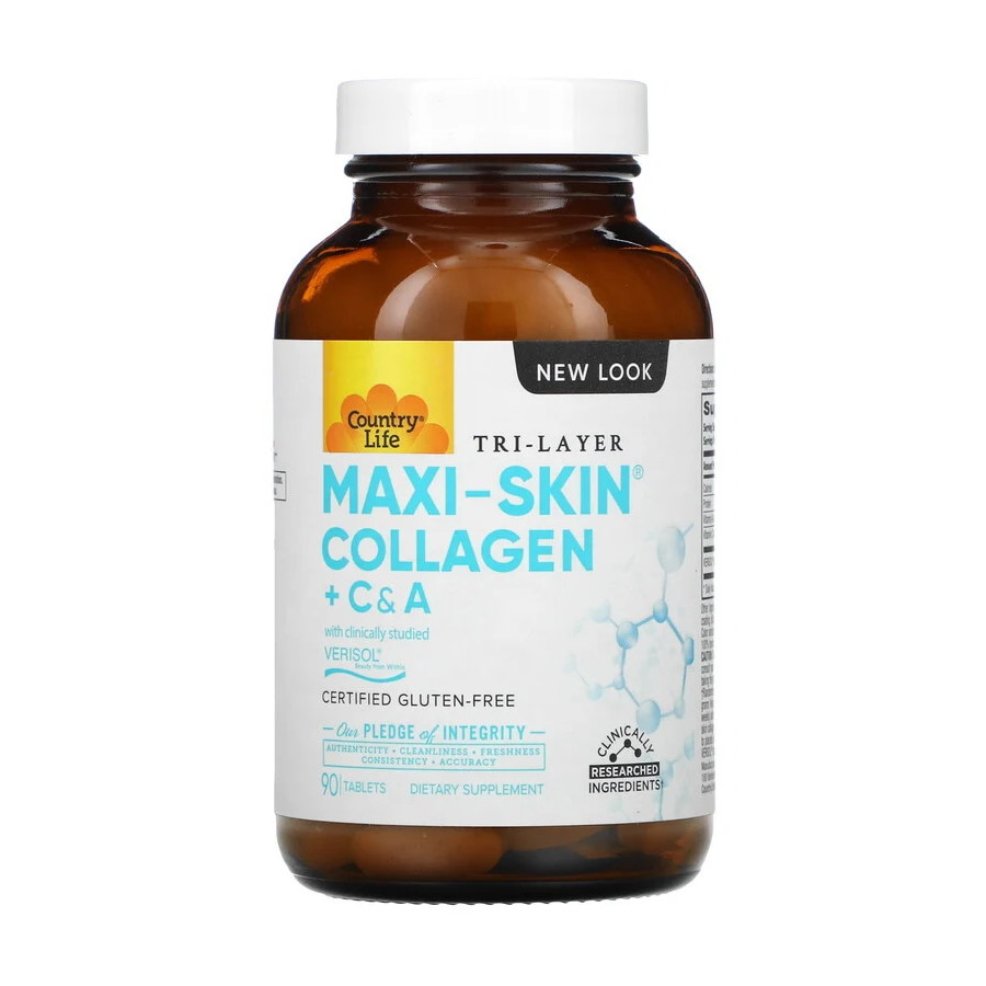 Натуральная добавка Country Life Maxi-Skin Collagen + C and A, 90 таблеток