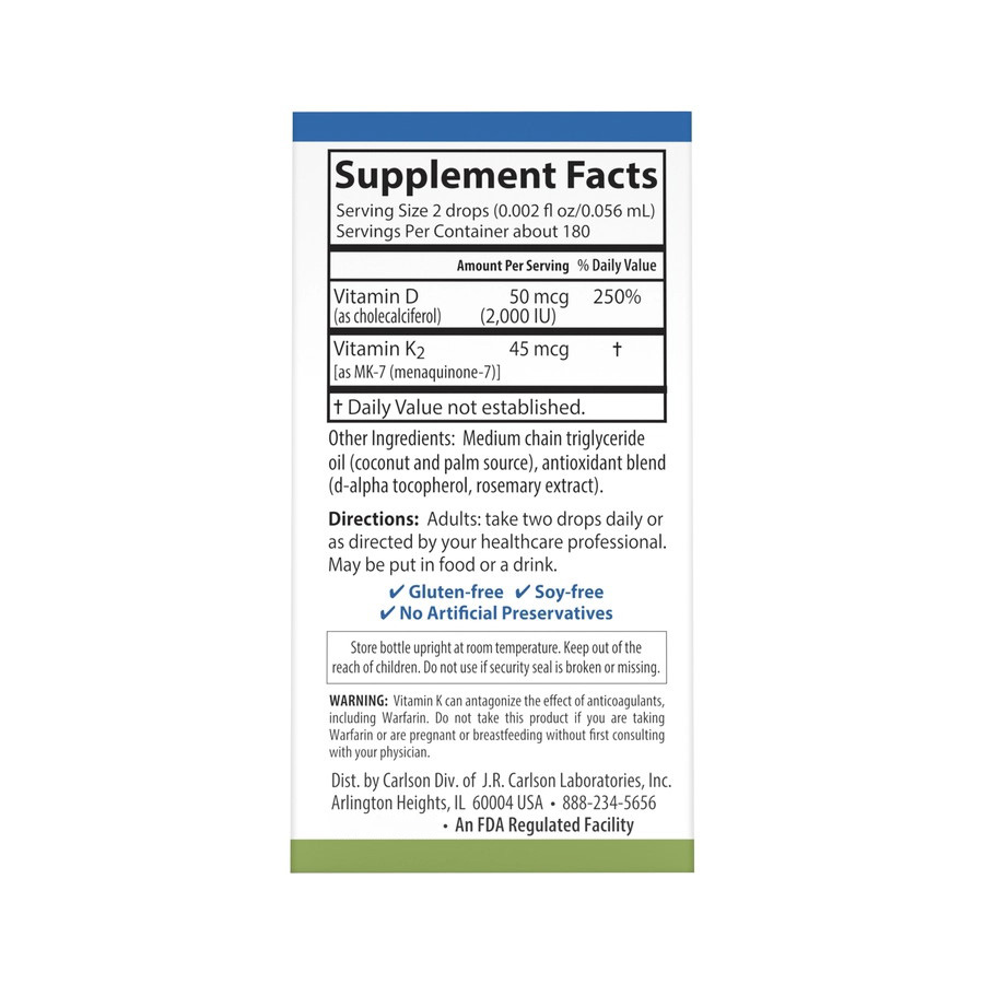 Витамины и минералы Carlson Labs Super Daily D3+K2 2000 IU/45 mcg, 10.16 мл. Фото 3