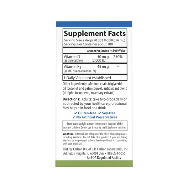 Витамины и минералы Carlson Labs Super Daily D3+K2 2000 IU/45 mcg, 10.16 мл. Фото 3