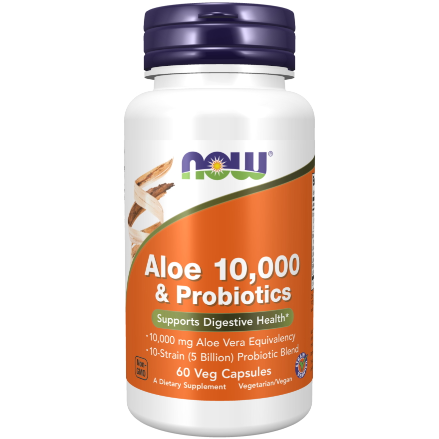 Натуральна добавка NOW Aloe 10000 & Probiotics, 60 вегакапсул