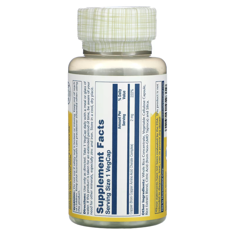 Вітаміни та мінерали Solaray Copper 2 mg, 100 капсул. Фото 2