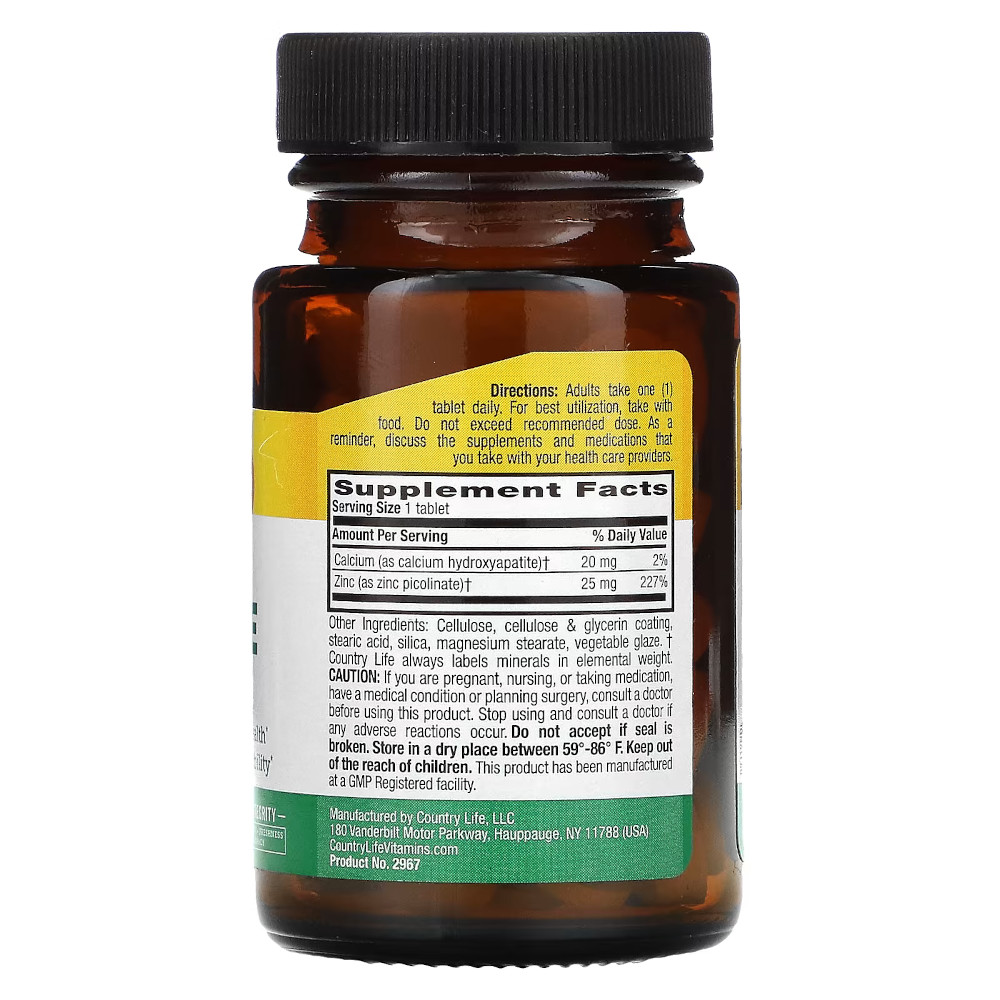 Витамины и минералы Country Life Zinc Picolinate 25 mg, 100 таблеток. Фото 2