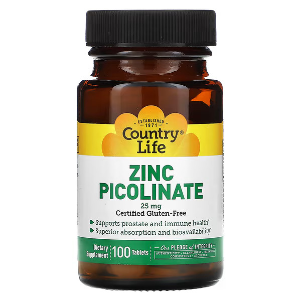 Витамины и минералы Country Life Zinc Picolinate 25 mg, 100 таблеток