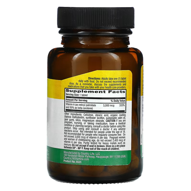 Витамины и минералы Country Life Dry Vitamin A 10000 IU, 100 таблеток. Фото 2