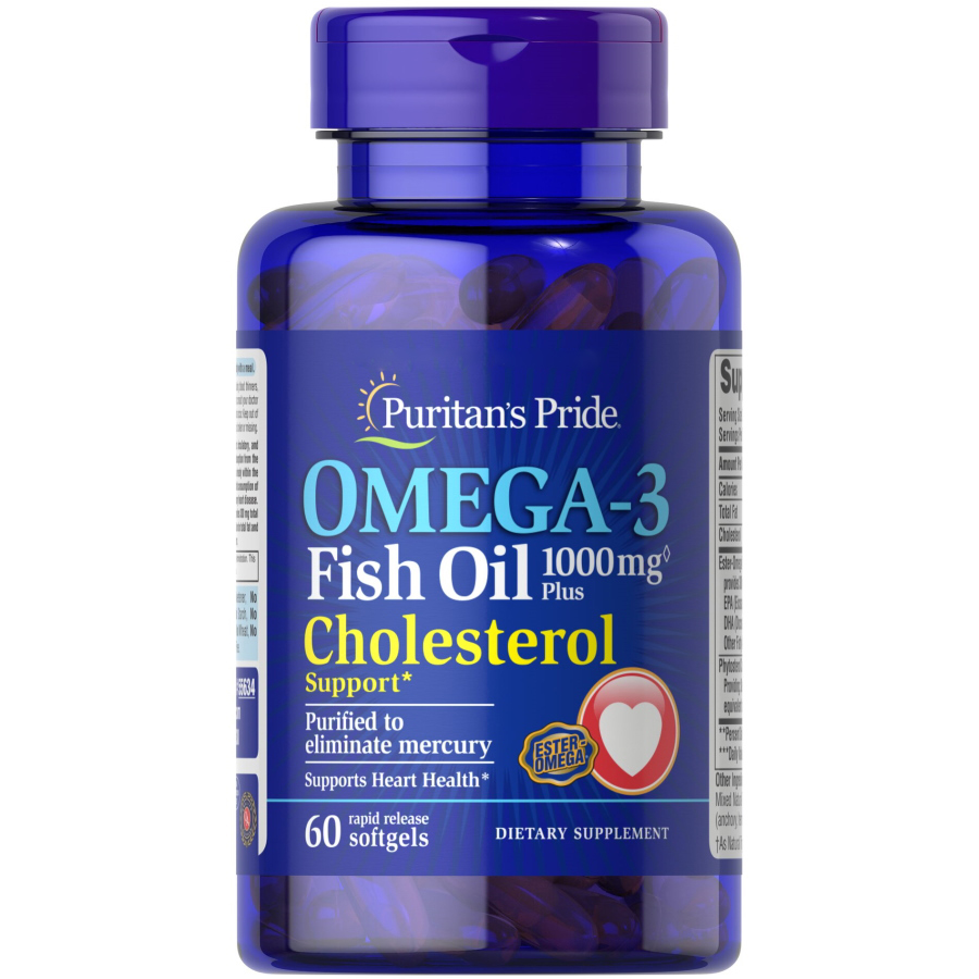 Жирні кислоти Puritan's Pride Omega 3 Fish Oil 1000 mg plus Cholesterol Support, 60 капсул