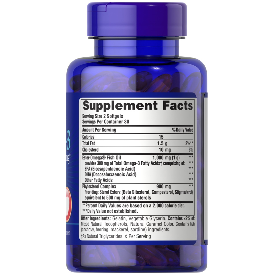 Жирні кислоти Puritan's Pride Omega 3 Fish Oil 1000 mg plus Cholesterol Support, 60 капсул. Фото 2