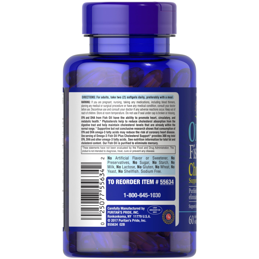 Жирні кислоти Puritan's Pride Omega 3 Fish Oil 1000 mg plus Cholesterol Support, 60 капсул. Фото 3
