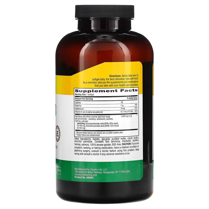 Жирні кислоти Country Life Omega-3 1000 mg Natural, 300 капсул. Фото 2