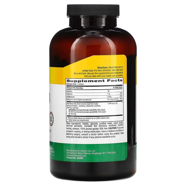 Жирні кислоти Country Life Omega-3 1000 mg Natural, 300 капсул. Фото 2