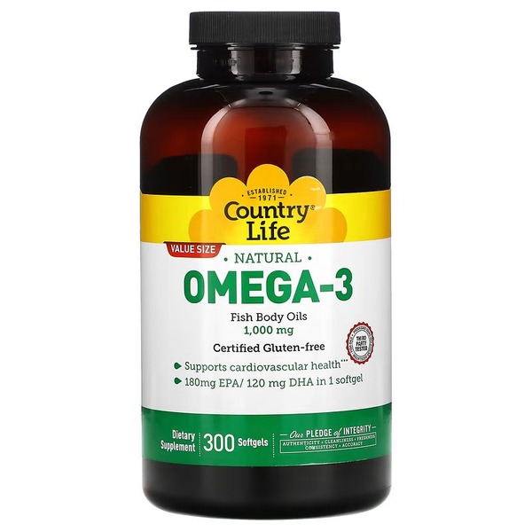 Жирні кислоти Country Life Omega-3 1000 mg Natural, 300 капсул