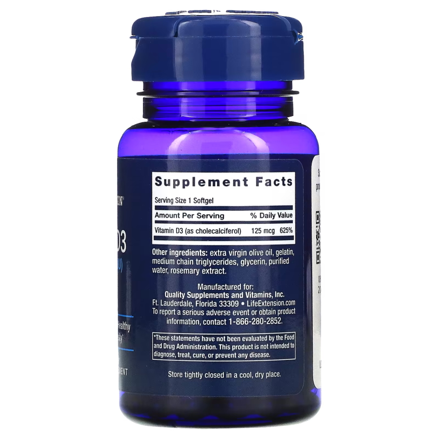 Витамины и минералы Life Extension Vitamin D3 5000 IU, 60 капсул. Фото 2